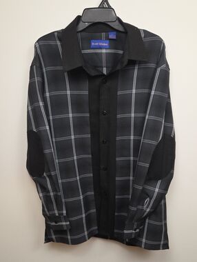 Tony Blake Mens Grey Long Sleeve Elbow Patch Plaid Panel Button Down Shirt Large